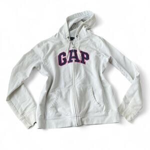 Vintage Gap Cream Full Zip Hoodie with Pink & Blue Embroidered Logo – Size M